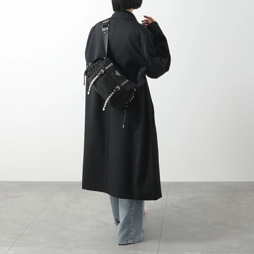 Prada Shoulder Bag Studded Crossbody Leather Triangle Nero Black
